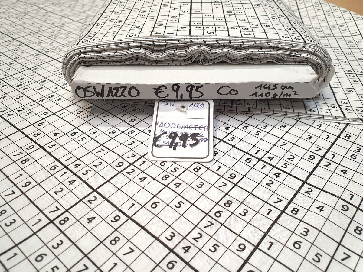 Baumwollstoff (Webware) in weiß-schwarz mit Sudoku Muster - Modemeter Stoffmarkt Trier   modemeter.de