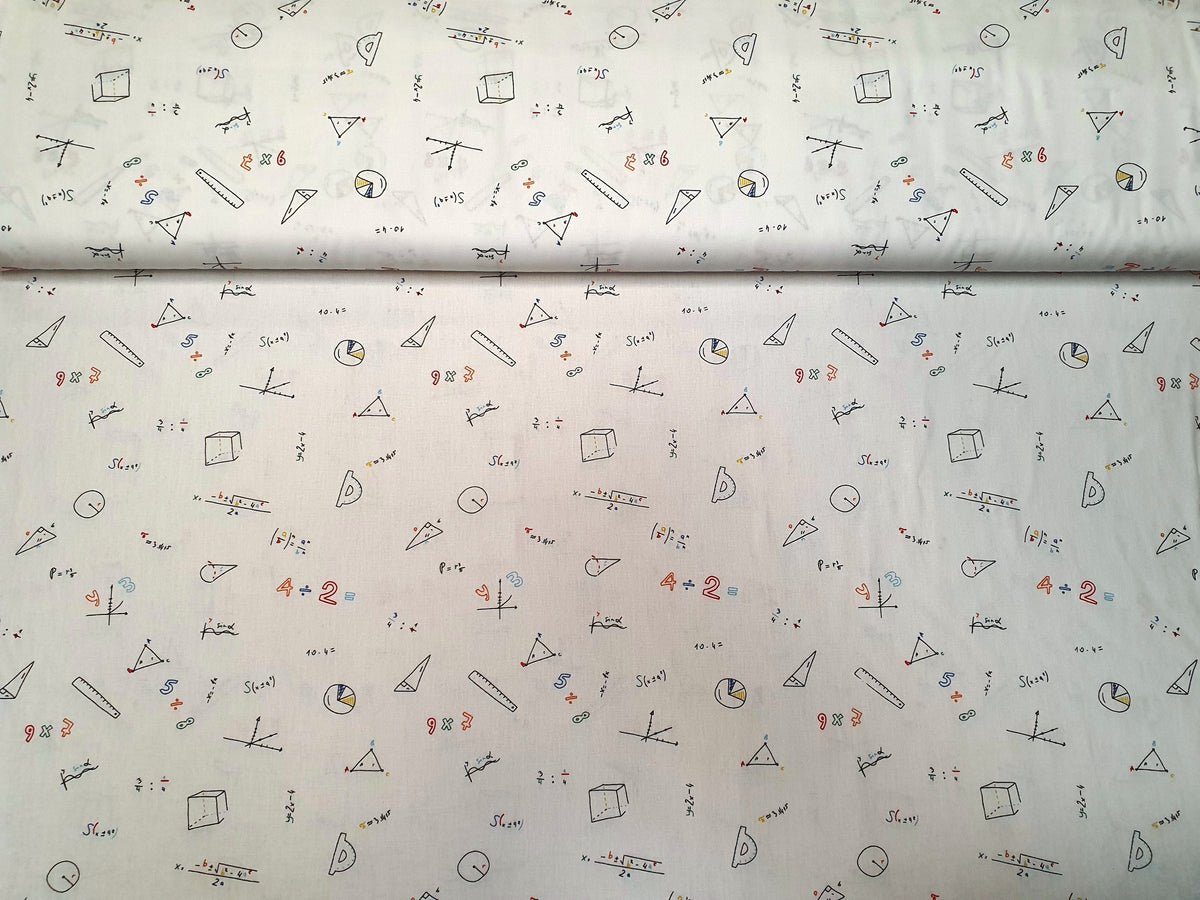 Baumwollstoff (Webware) in weiß mit Geometrie Mustern und Rechenausfgaben - Modemeter Stoffmarkt Trier   modemeter.de