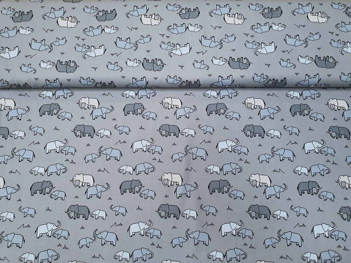 Baumwollstoff (Webware) in grau mit Elefanten - Modemeter Stoffmarkt Trier   modemeter.de