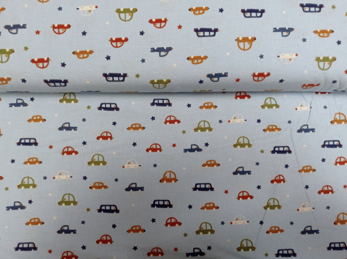 Baumwoll Flanell für Kinder in hellblau mit kleinen Autos und Sternen - Modemeter Stoffmarkt Trier   modemeter.de