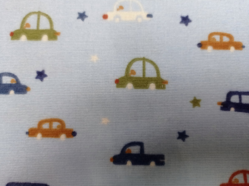 Baumwoll Flanell für Kinder in hellblau mit kleinen Autos und Sternen - Modemeter Stoffmarkt Trier   modemeter.de