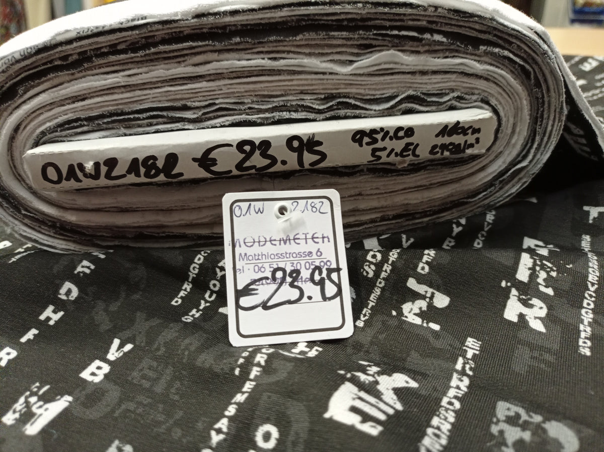 Kuscheliger French Terry in schwarz, grau, weiß mit Buchstabencodes - Modemeter Stoffmarkt Trier   modemeter.de