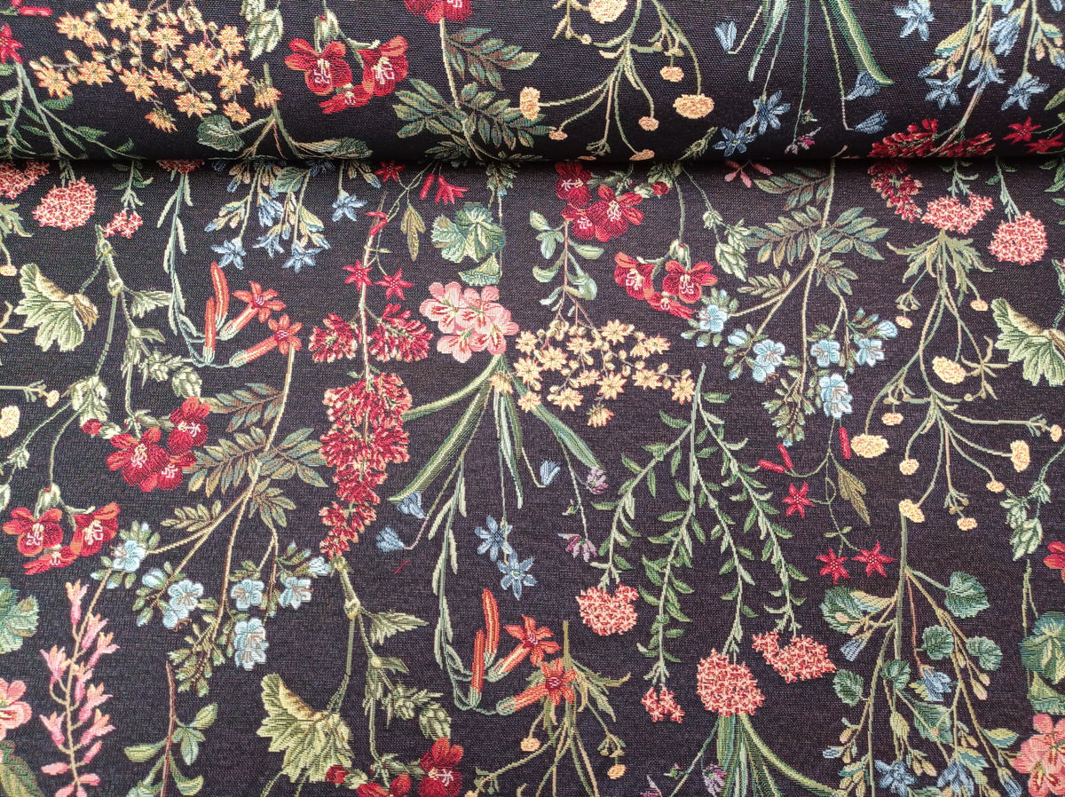 Fester Gobelin in schwarz mit bunten Blumen zum Beziehen von Möbeln und für Taschen - Modemeter Stoffmarkt Trier   modemeter.de