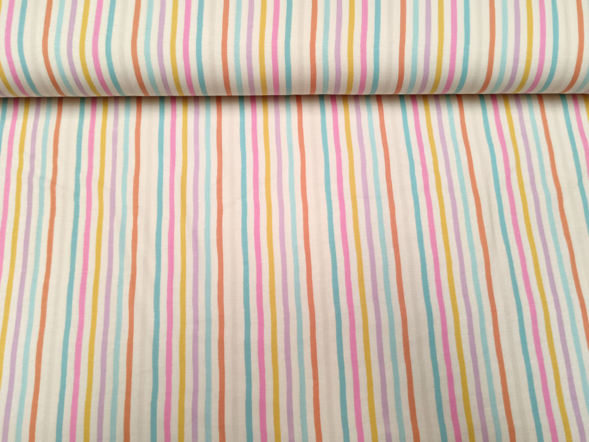Baumwoll Jersey in ecru mit bunten patellfarbenen Streifen - Modemeter Stoffmarkt Trier   modemeter.de
