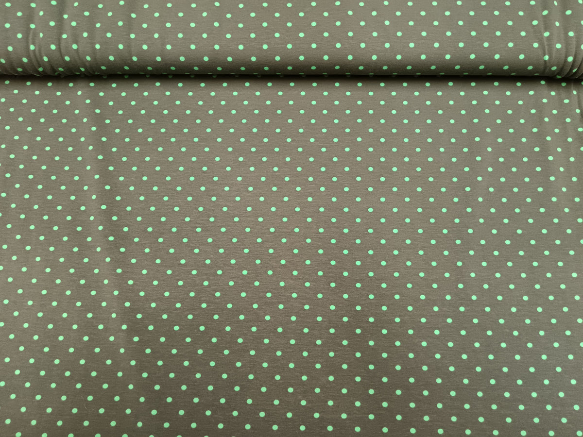 Baumwoll Jersey in grün mit grünen Punkten - als Kombistoff perfekt - Modemeter Stoffmarkt Trier   modemeter.de