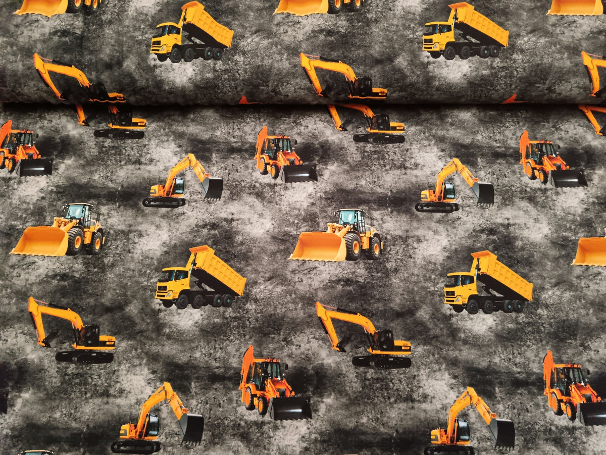 Baumwoll Jersey in anthrazit meliert mit Baggern und LKW's - Modemeter Stoffmarkt Trier   modemeter.de