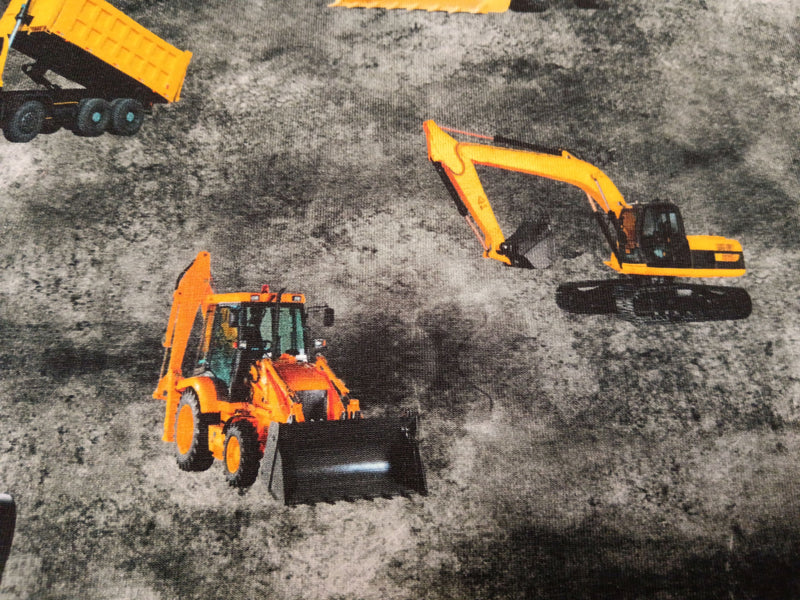 Baumwoll Jersey in anthrazit meliert mit Baggern und LKW's - Modemeter Stoffmarkt Trier   modemeter.de