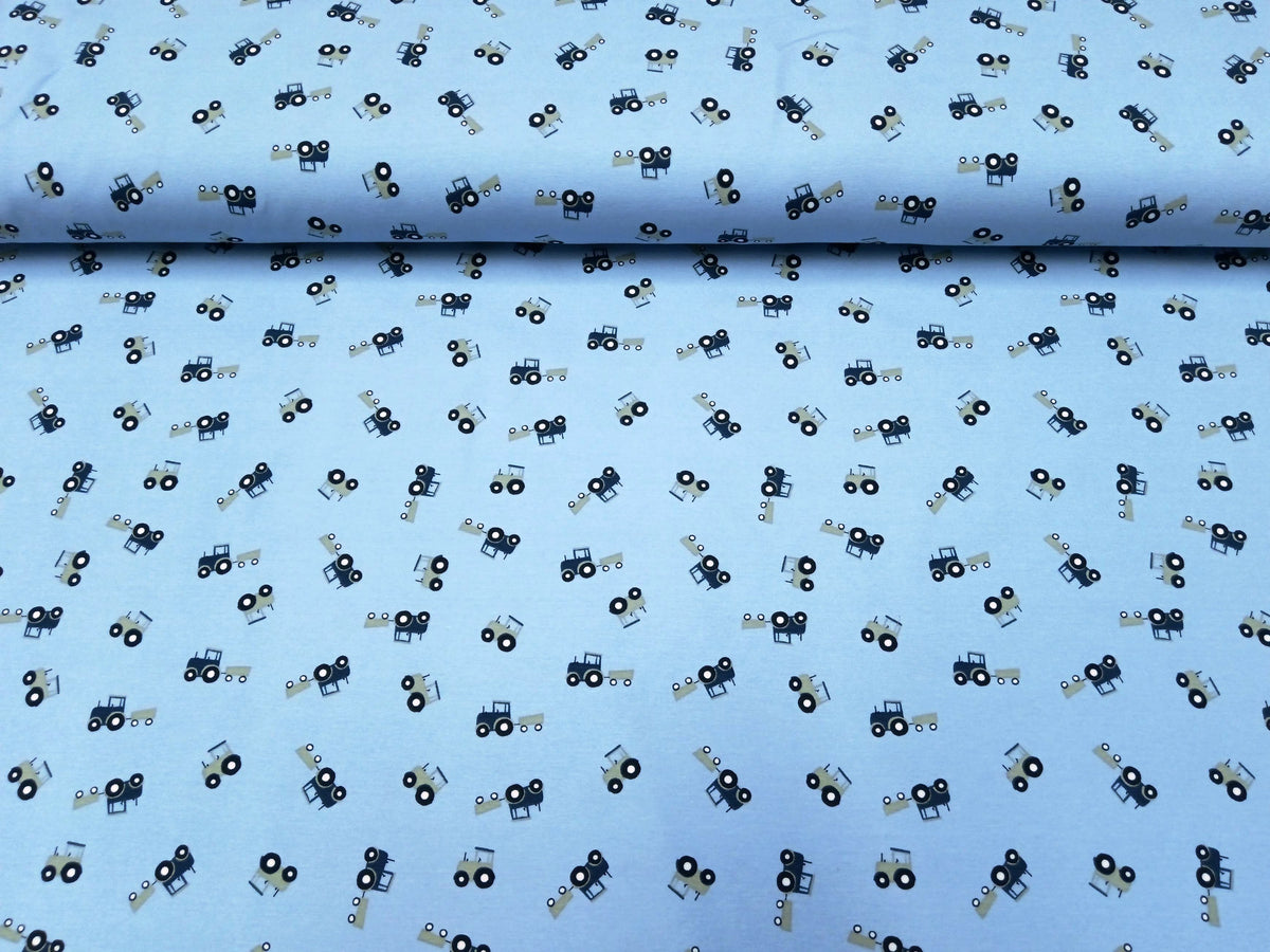 Baumwoll Jersey für Kinder in babyblau mit kleinen Traktoren - Modemeter Stoffmarkt Trier   modemeter.de
