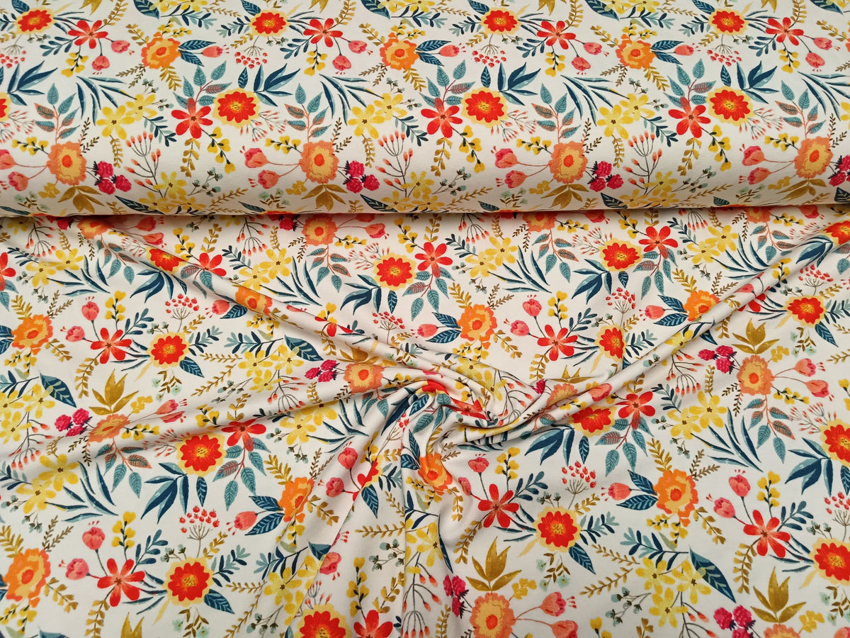 Fröhlicher, bunter Baumwoll Jersey in weiß mit gelb, orange und blau - für Große und Kleine - Modemeter Stoffmarkt