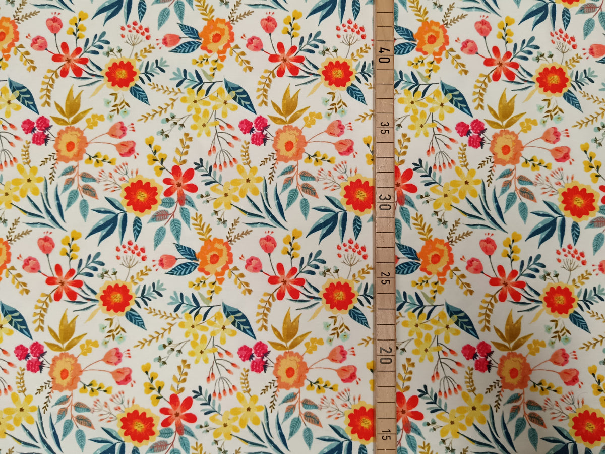 Fröhlicher, bunter Baumwoll Jersey in weiß mit gelb, orange und blau - für Große und Kleine - Modemeter Stoffmarkt