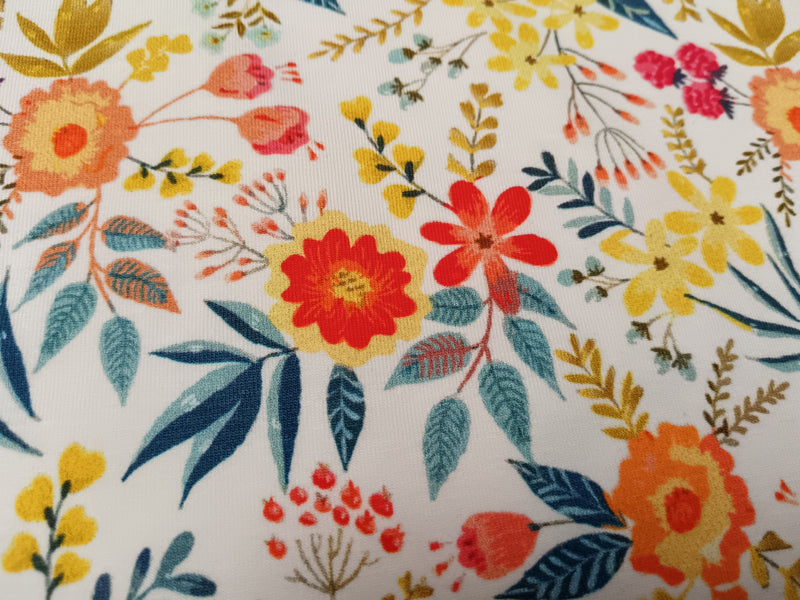 Fröhlicher, bunter Baumwoll Jersey in weiß mit gelb, orange und blau - für Große und Kleine - Modemeter Stoffmarkt