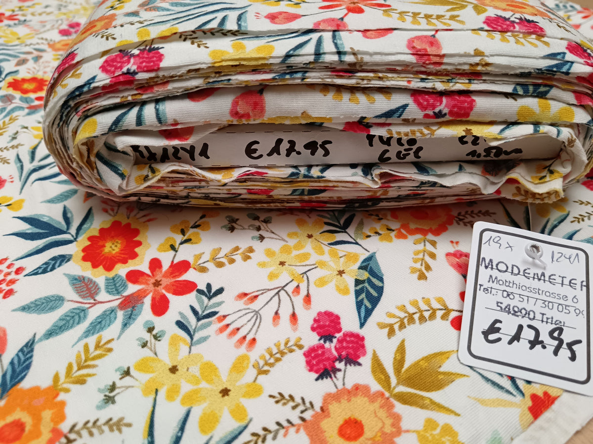 Fröhlicher, bunter Baumwoll Jersey in weiß mit gelb, orange und blau - für Große und Kleine - Modemeter Stoffmarkt