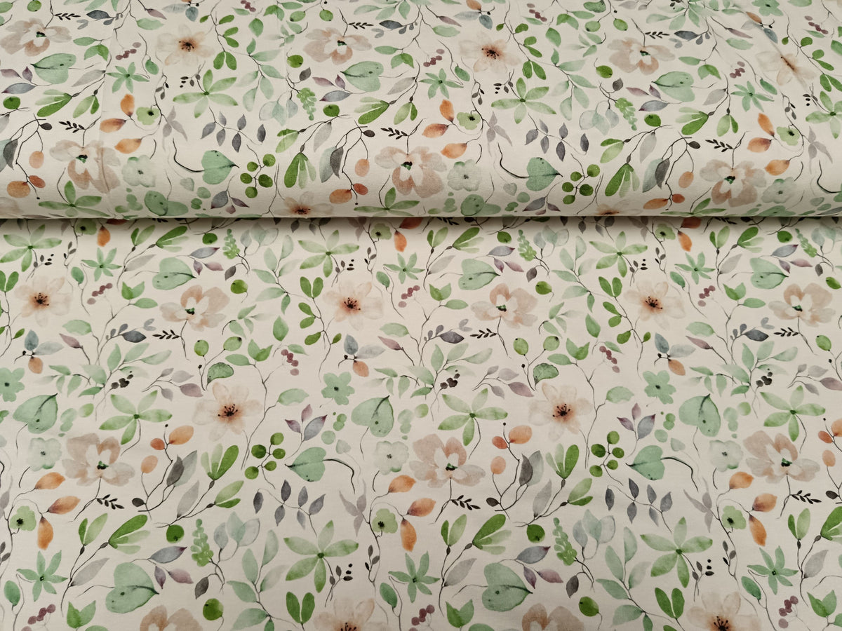 Sommerlicher Damenjersey aus fließender Viskose in weiß-ecru mit Blüten und Blättern in Pastellfarben - Modemeter Stoffmarkt