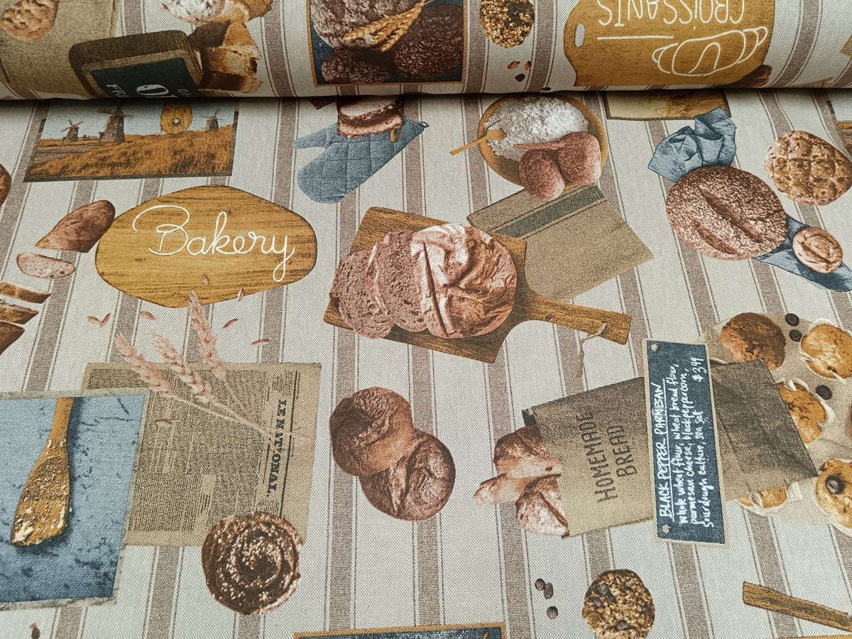Stabiler Dekostoff mit Küchen - und Brot-, Keksen-, Brötchen-und Bäckerei Motiven - Modemeter Stoffmarkt
