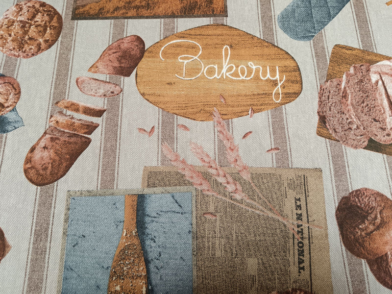 Stabiler Dekostoff mit Küchen - und Brot-, Keksen-, Brötchen-und Bäckerei Motiven - Modemeter Stoffmarkt