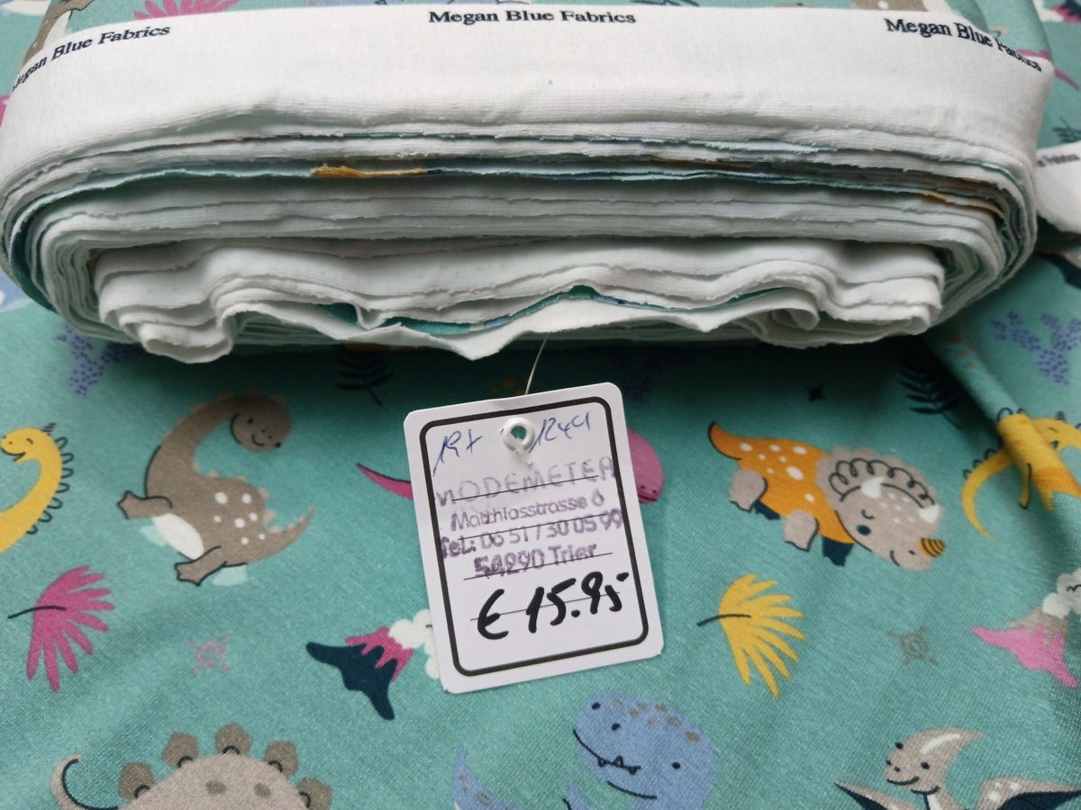 So niedlich - Baumwoll Jersey für Kinder in seegrün mit bunten Dinos - Modemeter Stoffmarkt