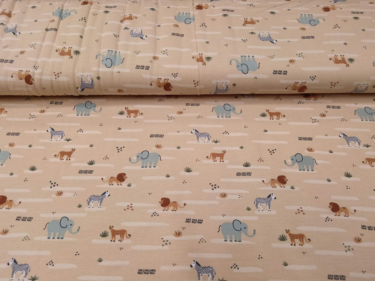 Niedlicher Baumwoll Jersey für Kinder in beige mit Zootieren - Modemeter Stoffmarkt