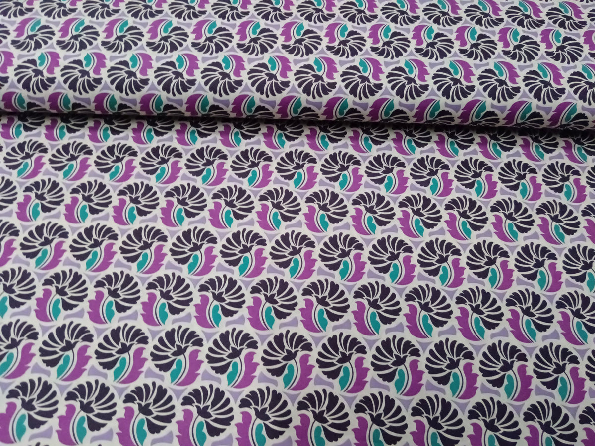 Modischer Baumwollstoff (Webware) mit abstrakten Blüten in schwarz, weiß, lila - Modemeter Stoffmarkt