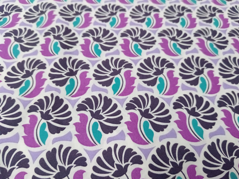 Modischer Baumwollstoff (Webware) mit abstrakten Blüten in schwarz, weiß, lila - Modemeter Stoffmarkt