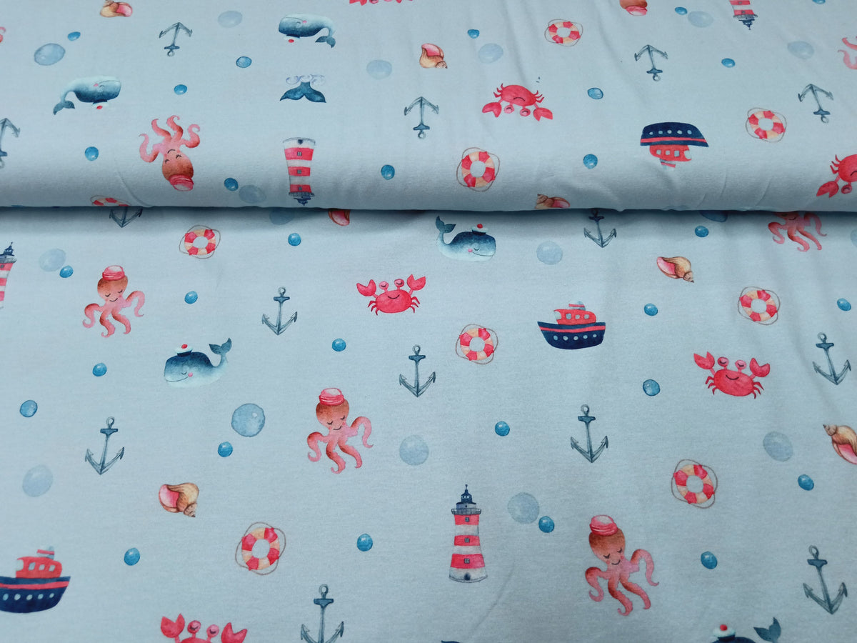 Niedlicher Kinderjersey aus Bio Baumwolle in babyblau mit Meerestieren und maritimen Motiven - Modemeter Stoffmarkt