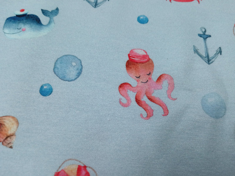 Niedlicher Kinderjersey aus Bio Baumwolle in babyblau mit Meerestieren und maritimen Motiven - Modemeter Stoffmarkt