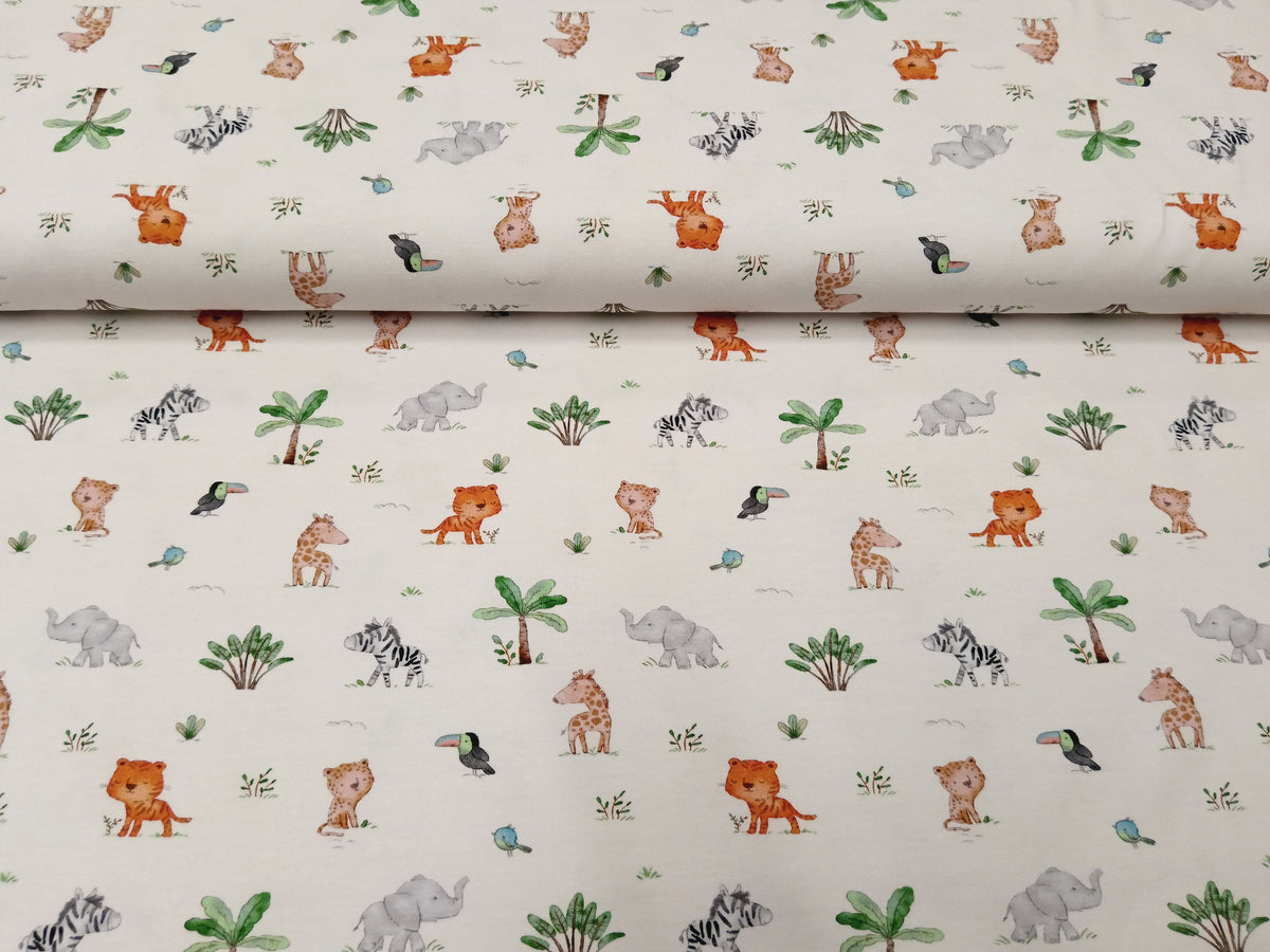 Niedlicher Kinderjersey aus Bio Baumwolle in ecru mit Zootieren - Modemeter Stoffmarkt