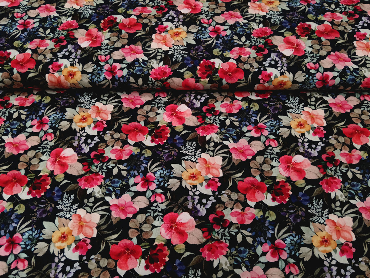 Wunderschöner Baumwolljersey aus Bio Baumwolle in dunkelblau mit großen Blüten - Modemeter Stoffmarkt