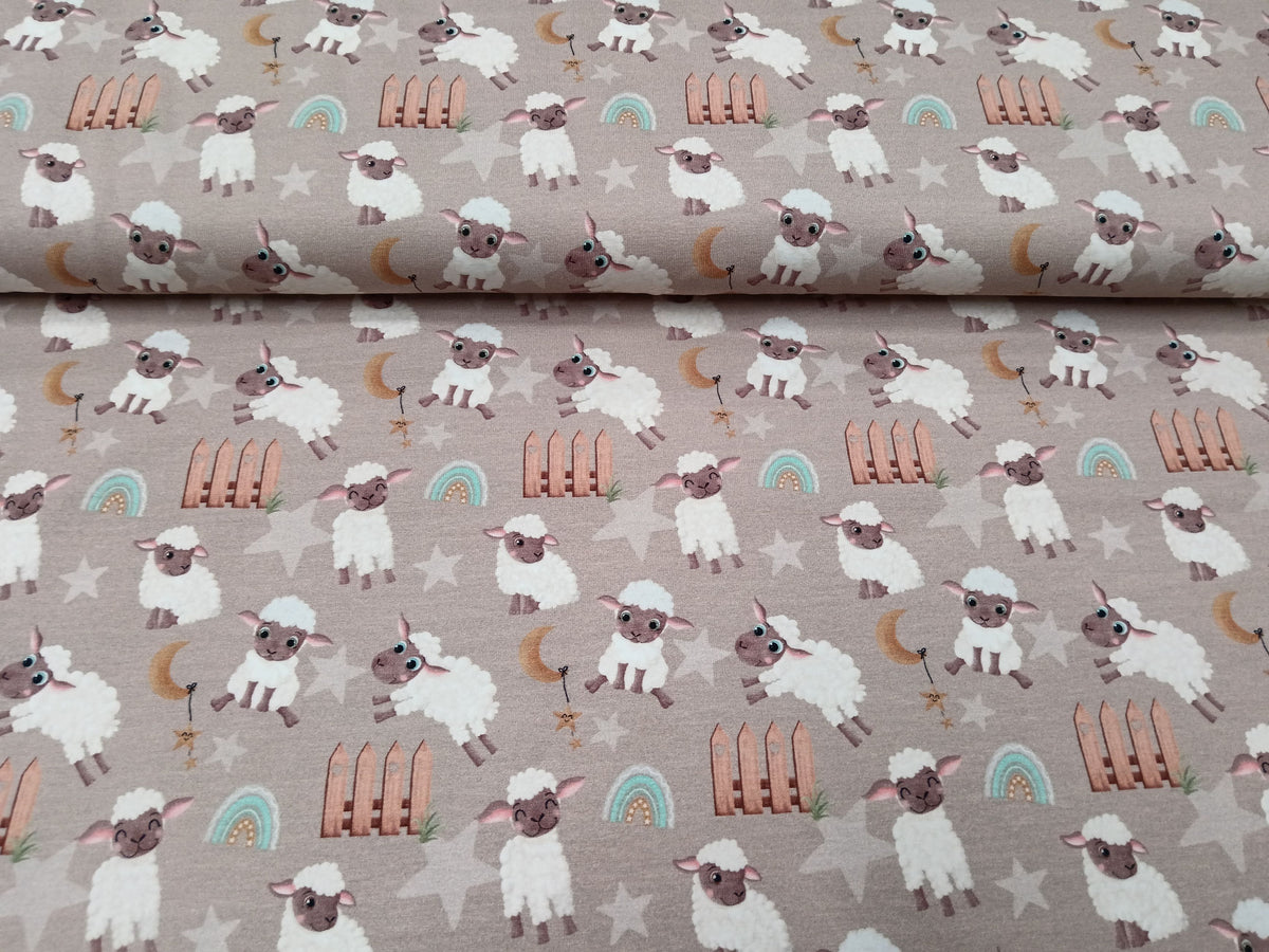 Baumwolljersey in taupe mit niedlichen Schafen - Modemeter Stoffmarkt