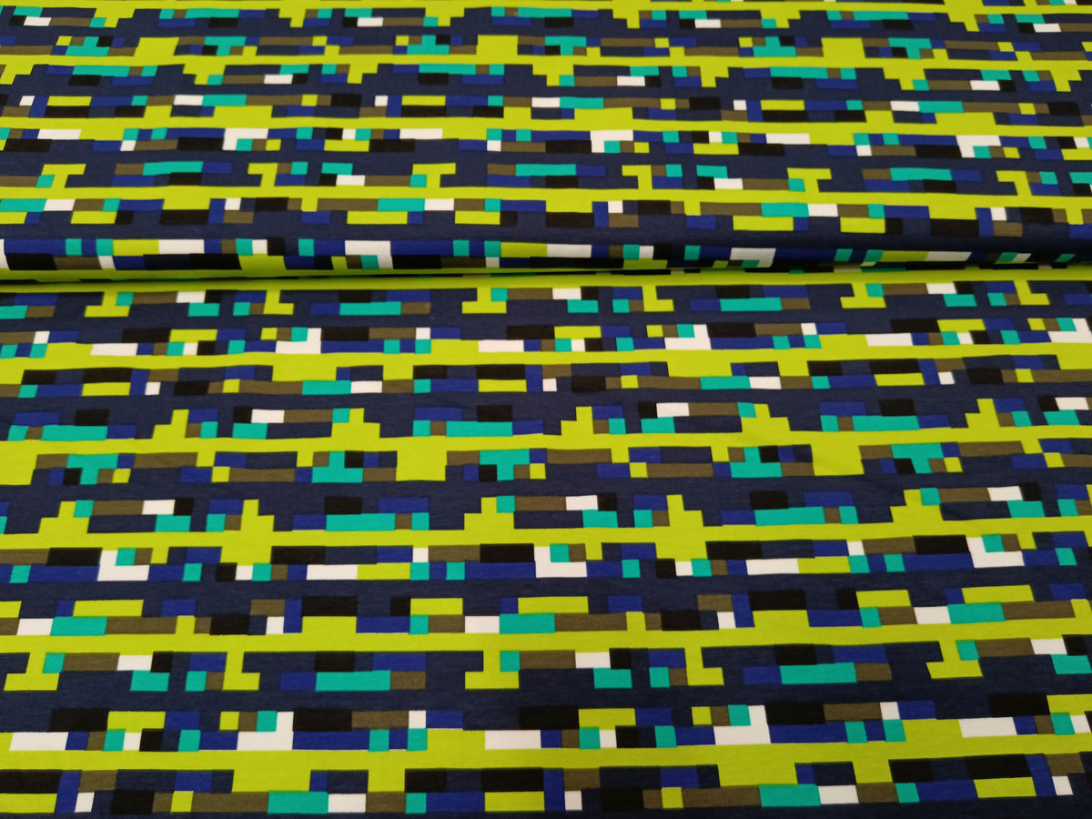 Baumwoll Jersey in blau bunt mit grafisch-geometrischem Muster - Modemeter Stoffmarkt