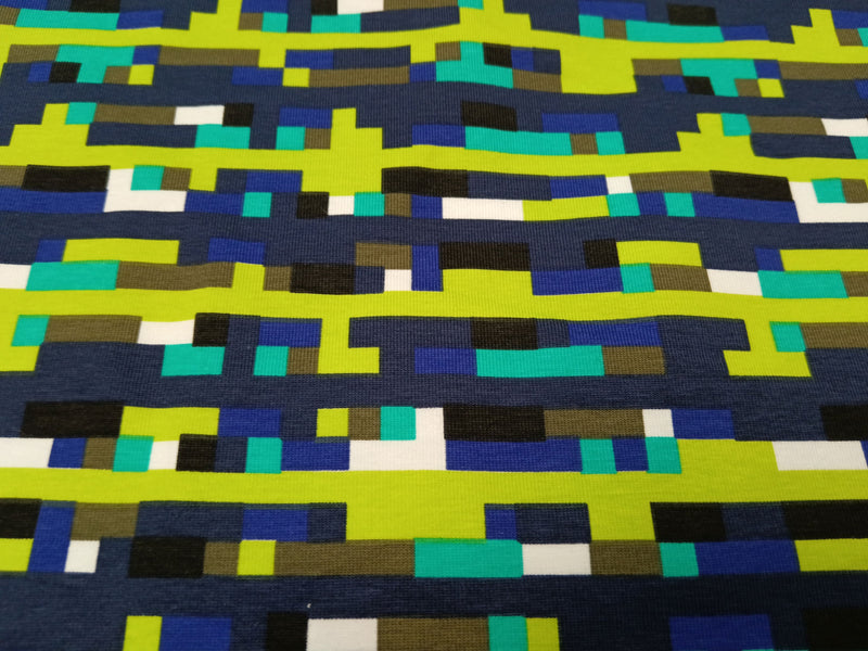 Baumwoll Jersey in blau bunt mit grafisch-geometrischem Muster - Modemeter Stoffmarkt