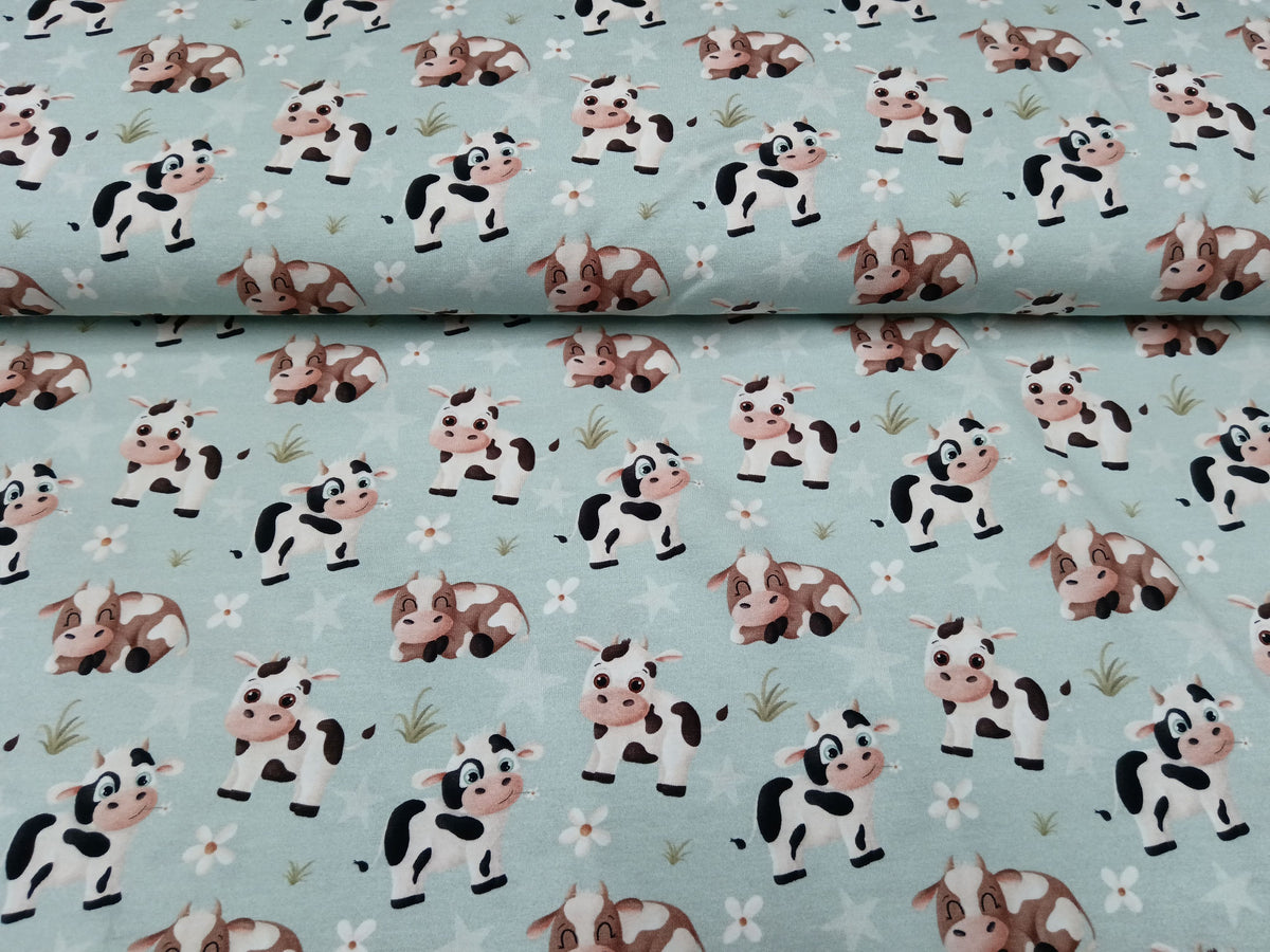 Bauernhof Feeling - Baumwolljersey in hellblau mit lustigen Kühen - Modemeter Stoffmarkt