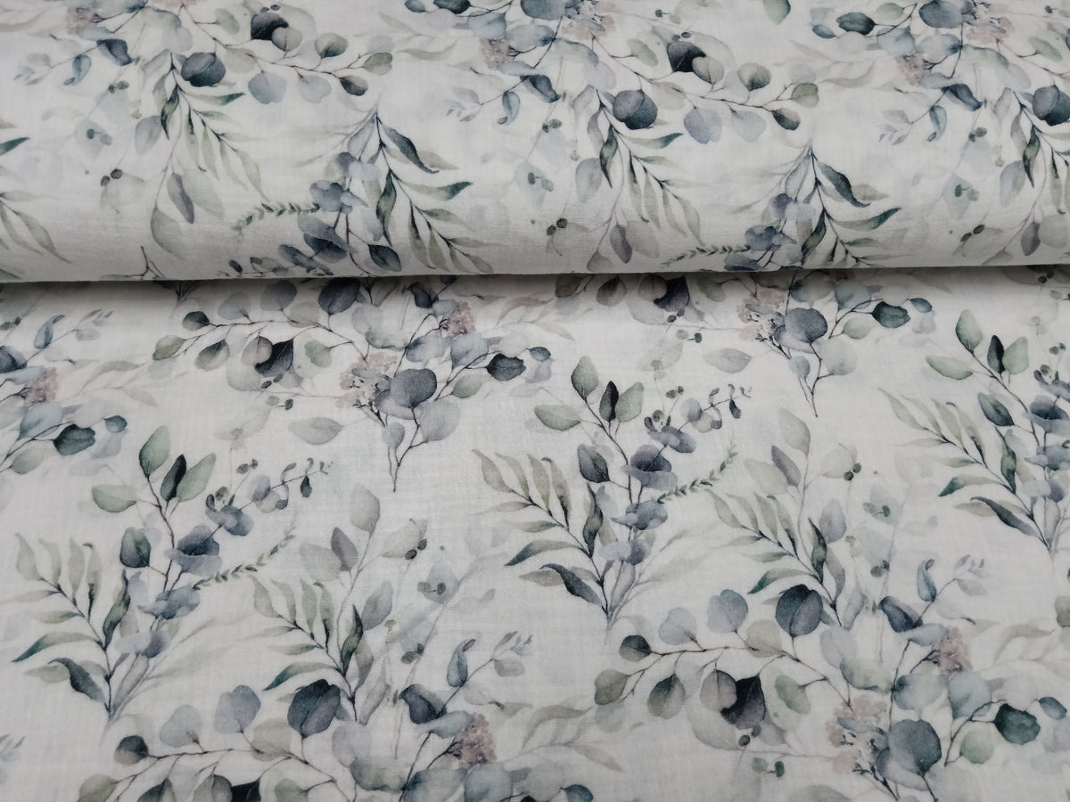 Bezaubernder Musselin (Double Gauze) in weiß mit Eucalyptus Design - Modemeter Stoffmarkt