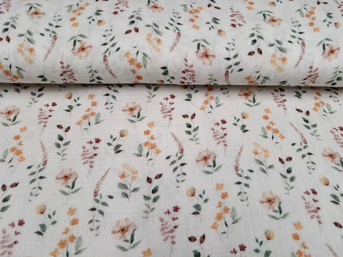 Sommerlich leichter Musselin (Double Gauze) in weiß mit pastelligen Blüten - Modemeter Stoffmarkt