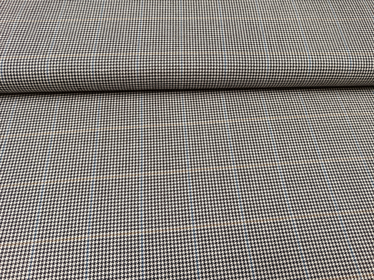 Hochwertiges Schurwoll Tuch mit feinem Hahnentritt Muster und blau-braunen Karo Streifen - Modemeter Stoffmarkt