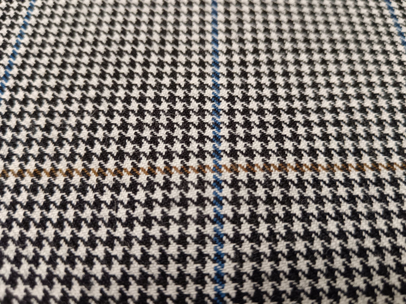 Hochwertiges Schurwoll Tuch mit feinem Hahnentritt Muster und blau-braunen Karo Streifen - Modemeter Stoffmarkt