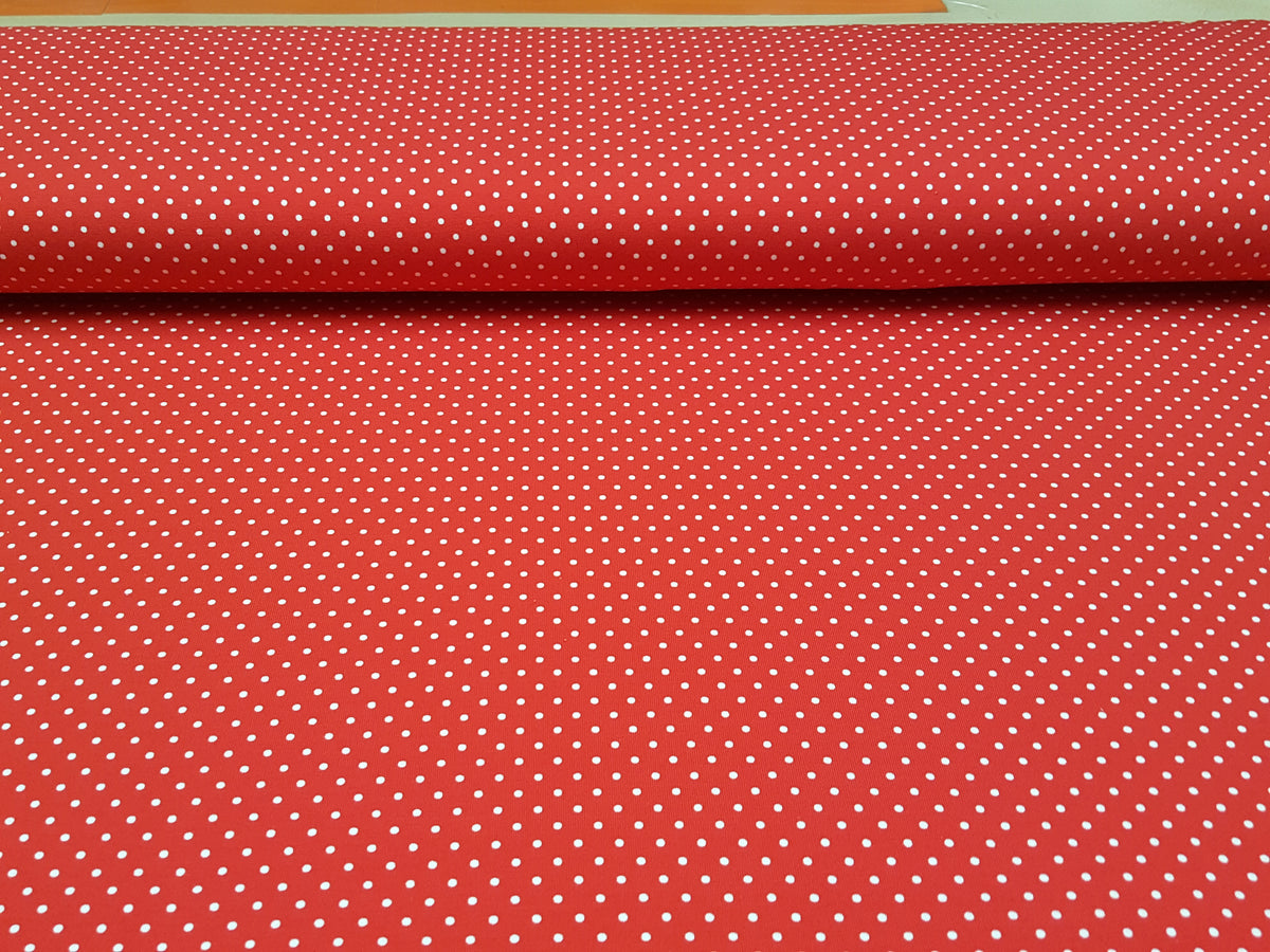 Klassischer Baumwoll Jersey in knallrot mit kleinen weißen Tupfen - Modemeter Stoffmarkt Trier   modemeter.de
