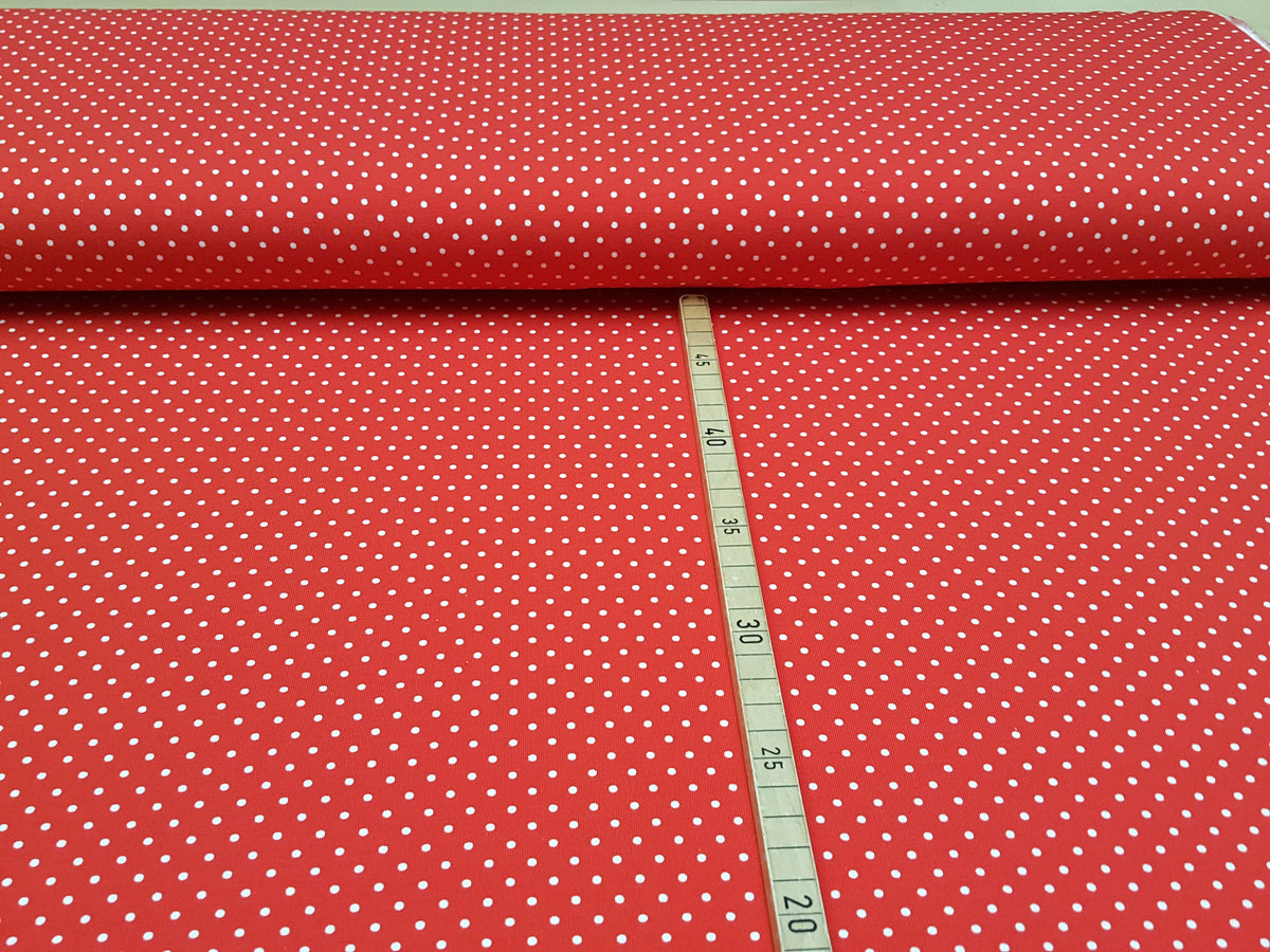 Klassischer Baumwoll Jersey in knallrot mit kleinen weißen Tupfen - Modemeter Stoffmarkt Trier   modemeter.de