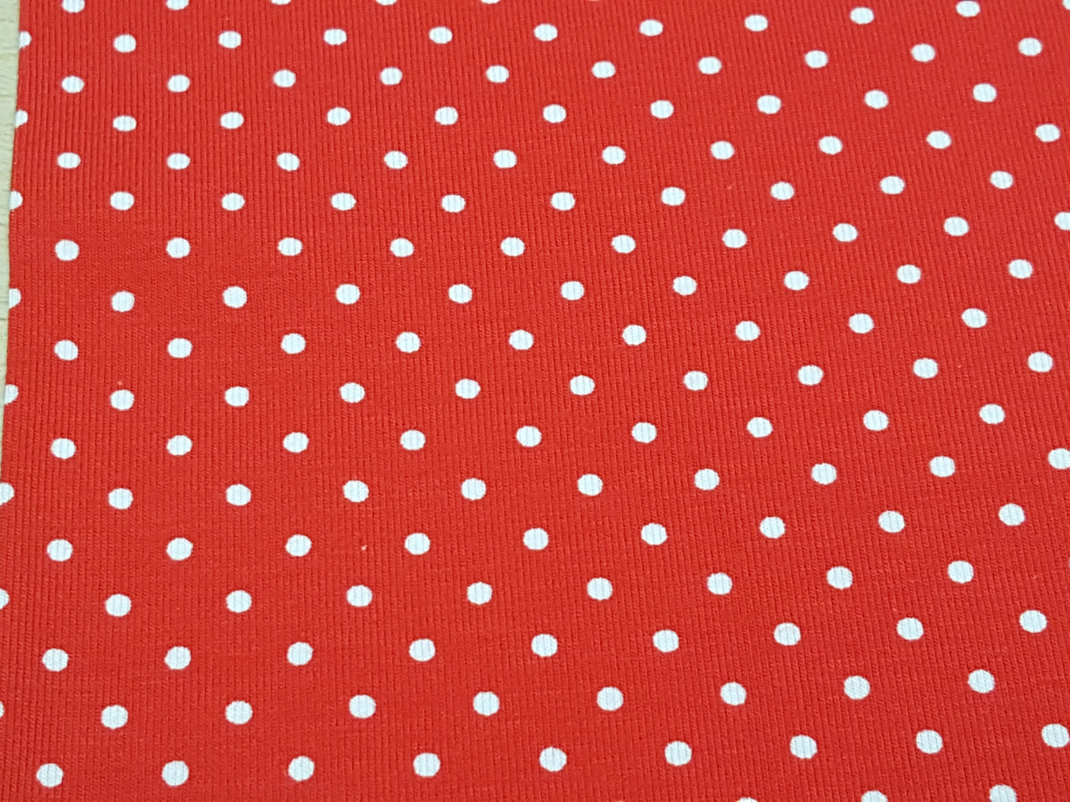 Klassischer Baumwoll Jersey in knallrot mit kleinen weißen Tupfen - Modemeter Stoffmarkt Trier   modemeter.de
