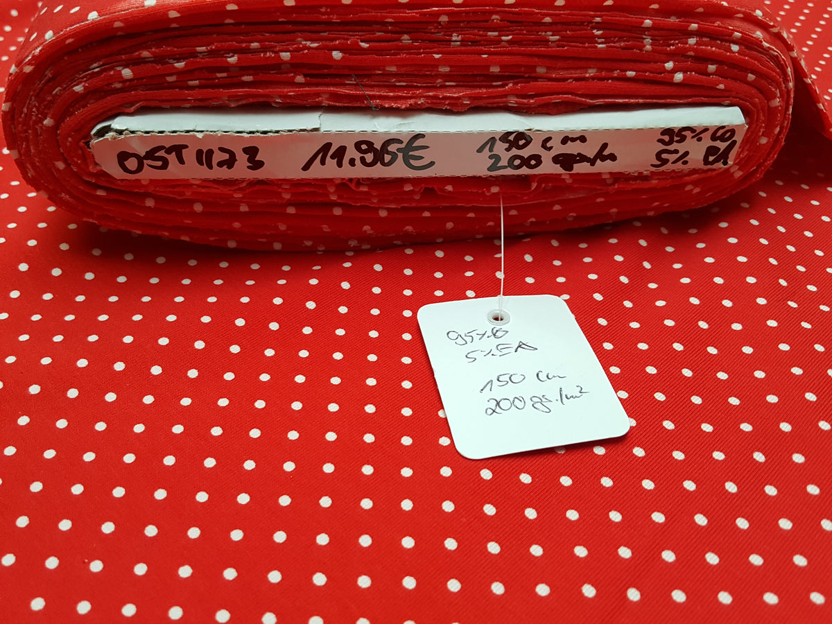 Klassischer Baumwoll Jersey in knallrot mit kleinen weißen Tupfen - Modemeter Stoffmarkt Trier   modemeter.de