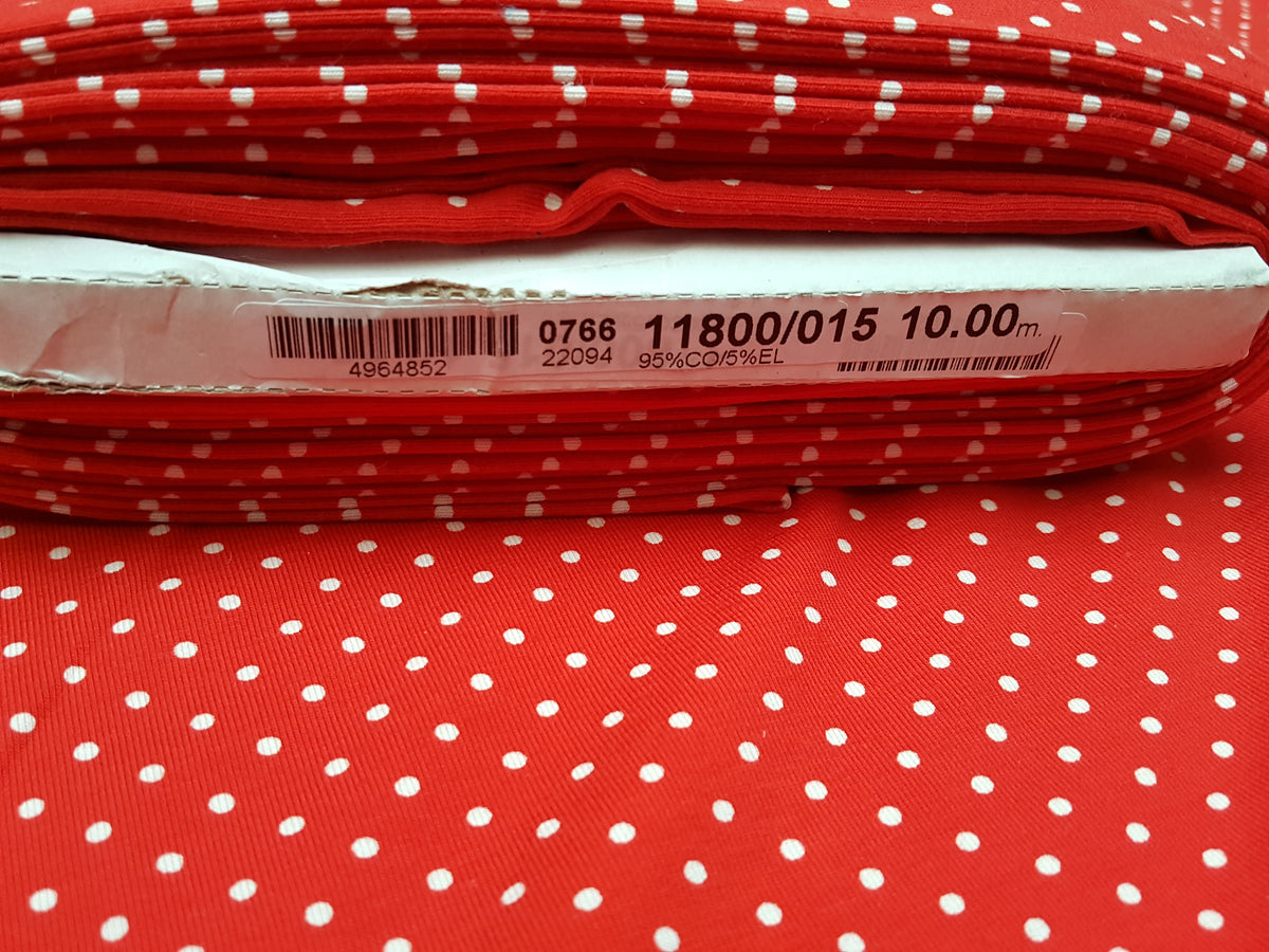 Klassischer Baumwoll Jersey in knallrot mit kleinen weißen Tupfen - Modemeter Stoffmarkt Trier   modemeter.de