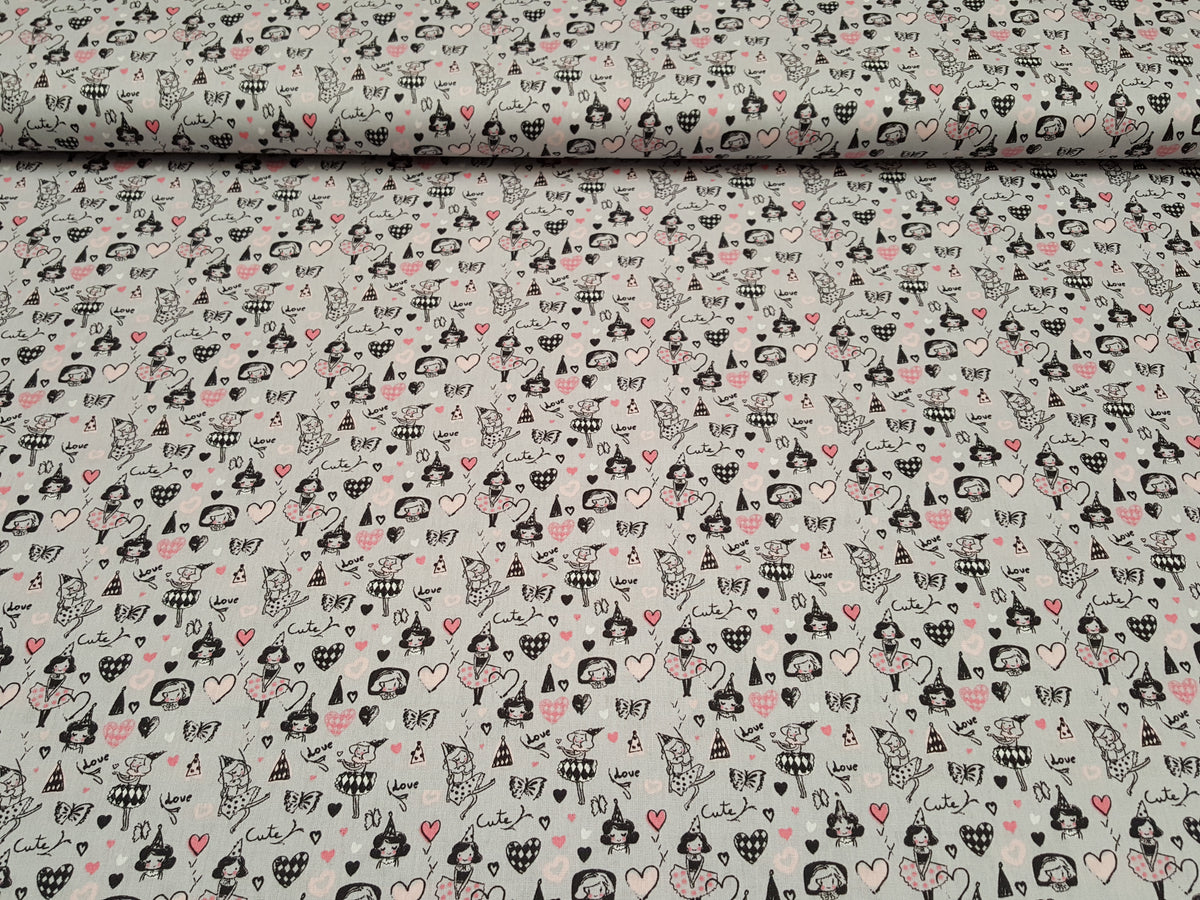 Baumwollstoff in hellgrau mit kleinen Harlekin Motiven - Modemeter Stoffmarkt Trier   modemeter.de