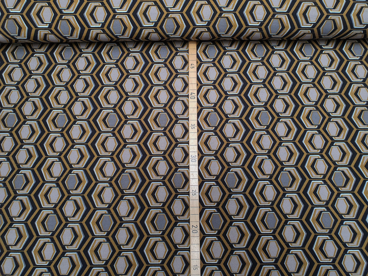 Viskose Stretch Stoff im Retro Muster in grau, schwarz und senf Tönen - Modemeter Stoffmarkt Trier   modemeter.de