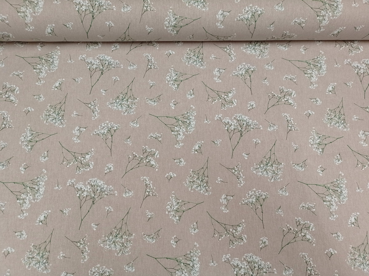 Stabiler Dekostoff in Leinenoptik mit zartem weißen Schleierkraut - Modemeter Stoffmarkt Trier   modemeter.de