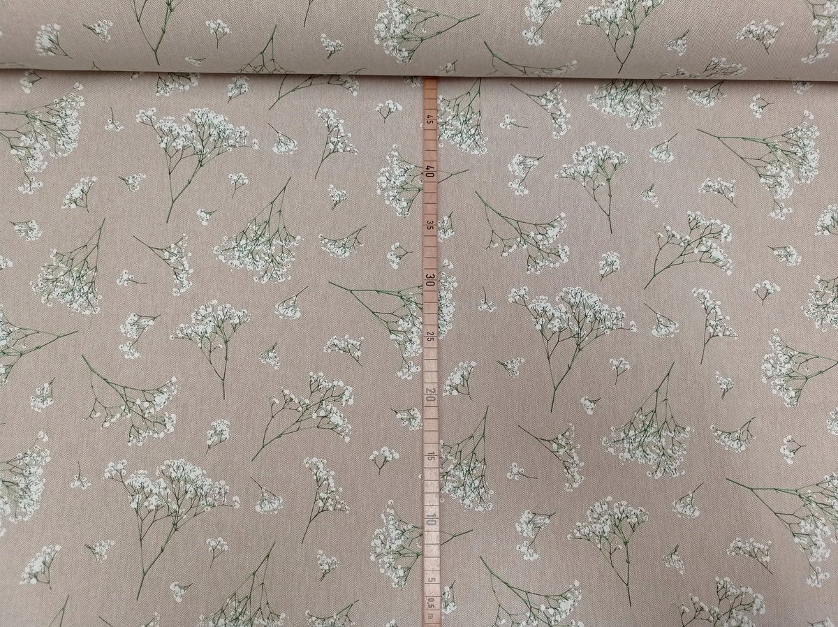 Stabiler Dekostoff in Leinenoptik mit zartem weißen Schleierkraut - Modemeter Stoffmarkt Trier   modemeter.de