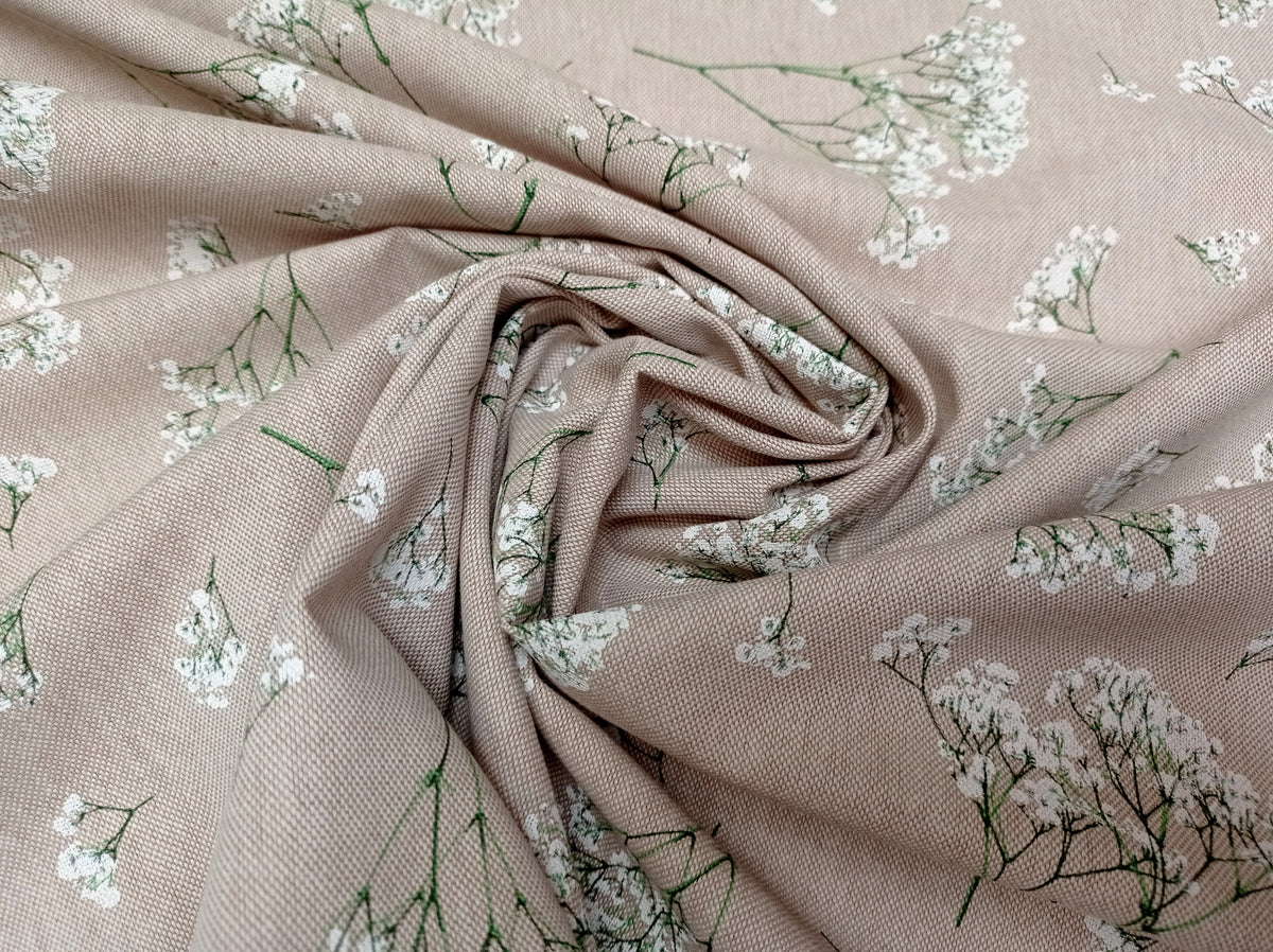 Stabiler Dekostoff in Leinenoptik mit zartem weißen Schleierkraut - Modemeter Stoffmarkt Trier   modemeter.de