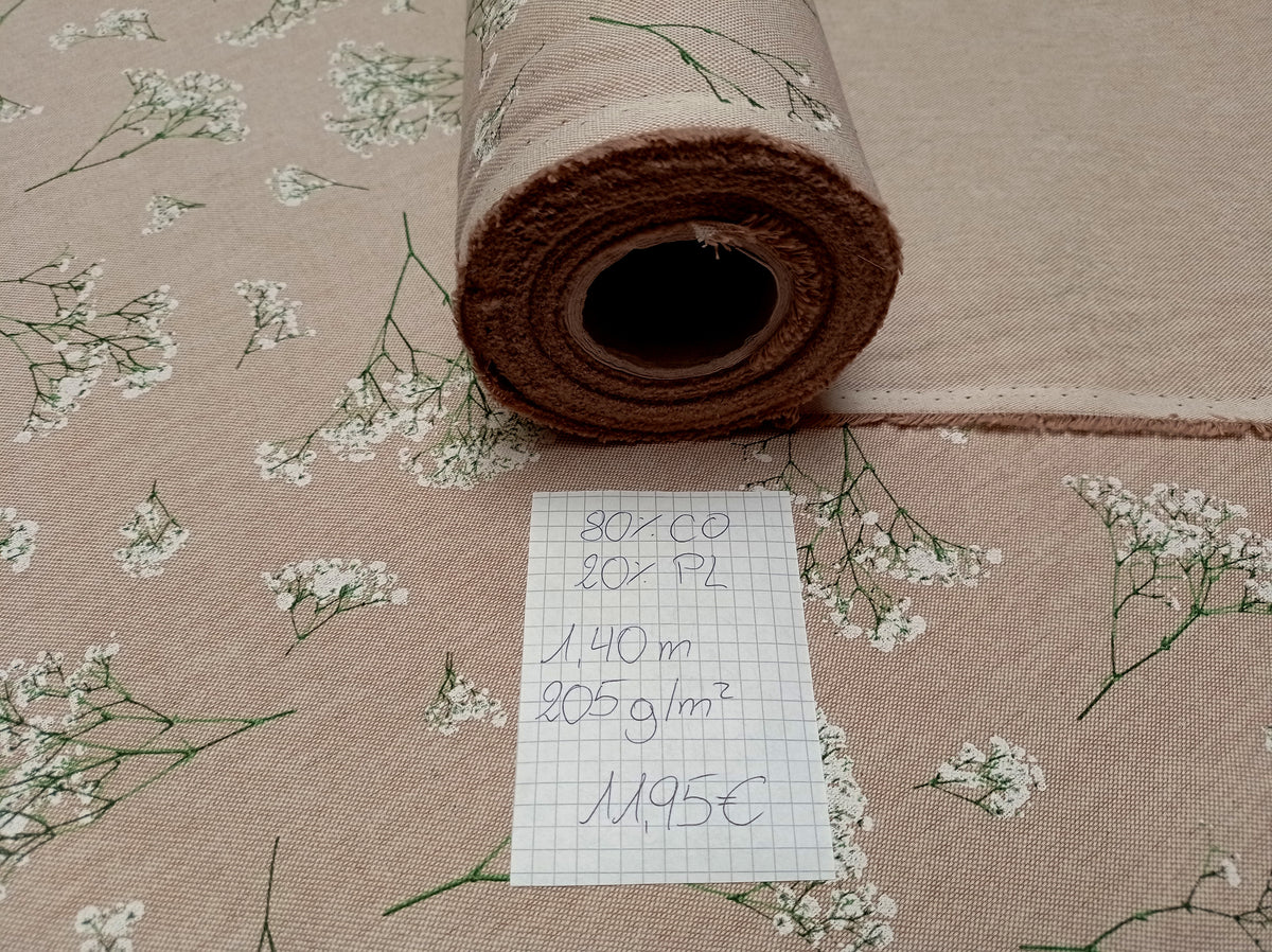 Stabiler Dekostoff in Leinenoptik mit zartem weißen Schleierkraut - Modemeter Stoffmarkt Trier   modemeter.de