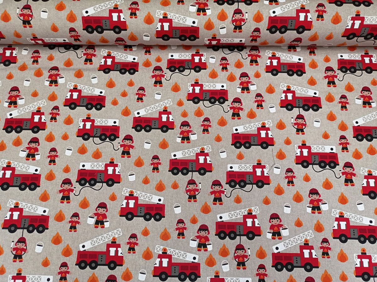 Dekostoff im Leinenlook für Kinder mit Feuerwehr Motiven - Modemeter Stoffmarkt Trier   modemeter.de
