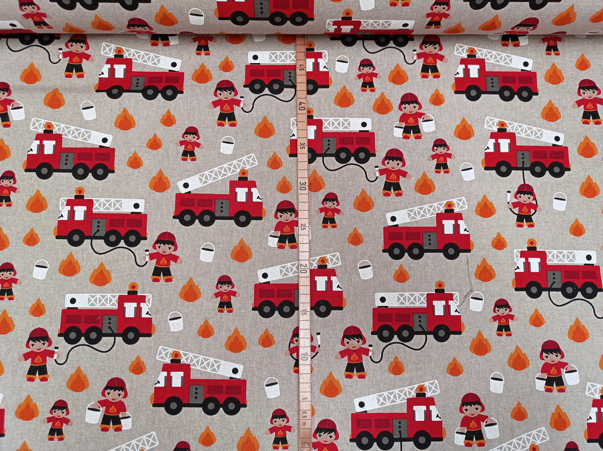Dekostoff im Leinenlook für Kinder mit Feuerwehr Motiven - Modemeter Stoffmarkt Trier   modemeter.de