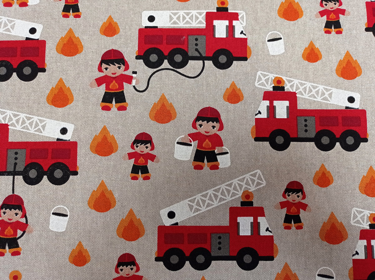 Dekostoff im Leinenlook für Kinder mit Feuerwehr Motiven - Modemeter Stoffmarkt Trier   modemeter.de