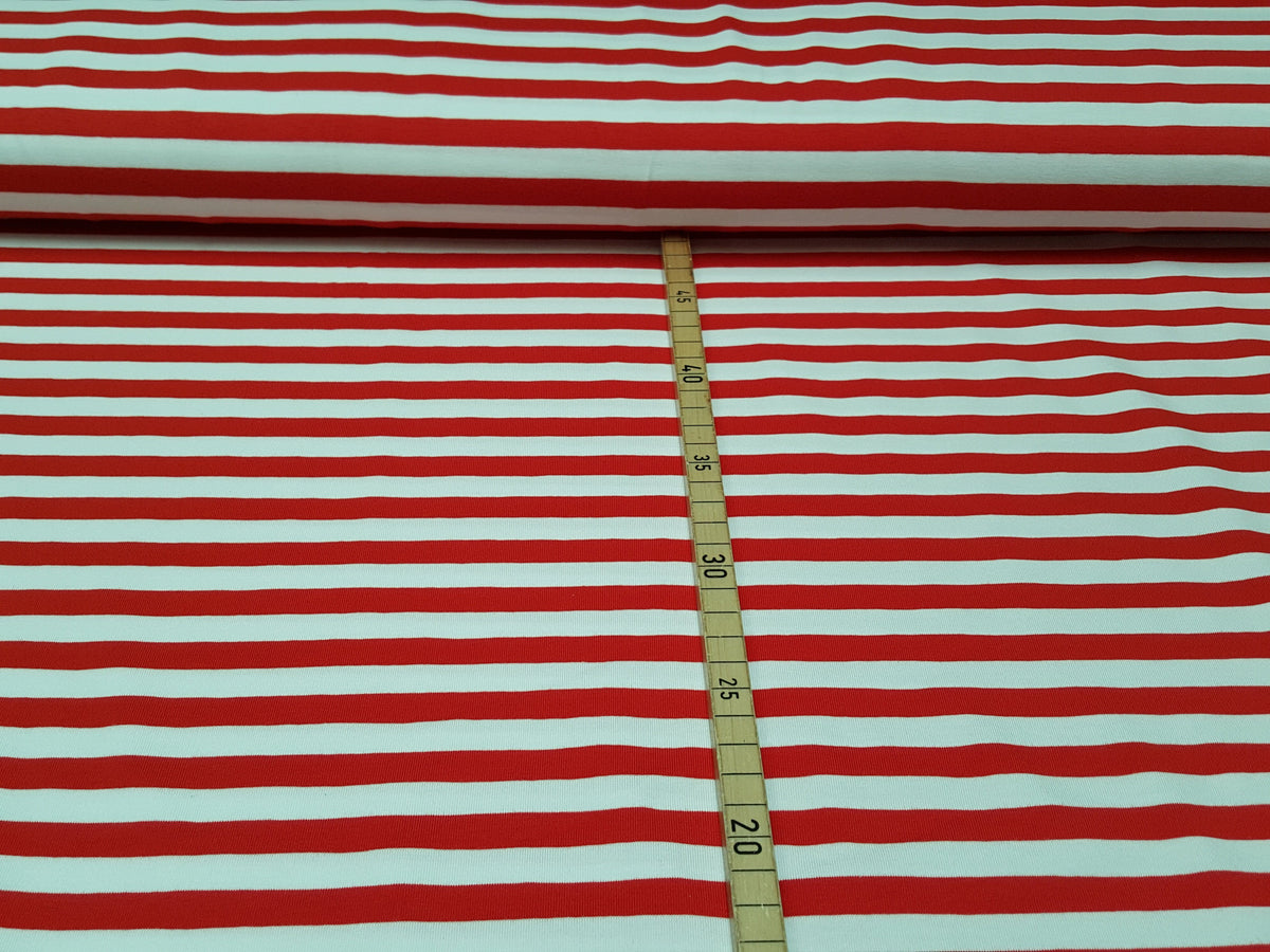 Baumwoll Jersey mit 1 cm breiten Streifen in rot weiß - Modemeter Stoffmarkt Trier   modemeter.de